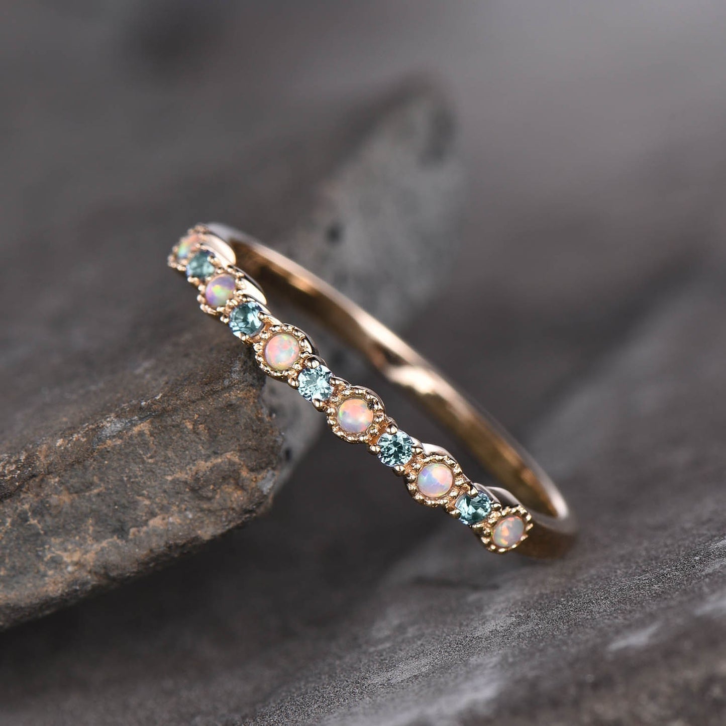 Alexandrite Opal Ring, Opal Wedding Ring, Gemstone Band, Unique Wedding Band, Stacking Ring, Gold Ring, Anniversary Gift