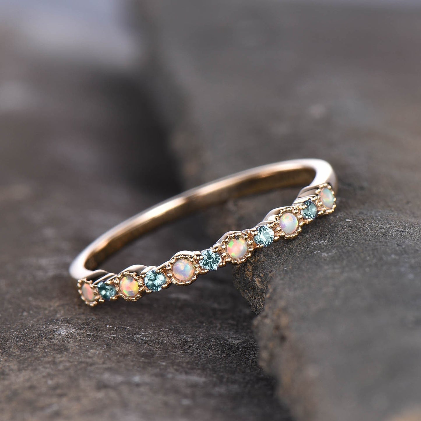 Alexandrite Opal Ring, Opal Wedding Ring, Gemstone Band, Unique Wedding Band, Stacking Ring, Gold Ring, Anniversary Gift