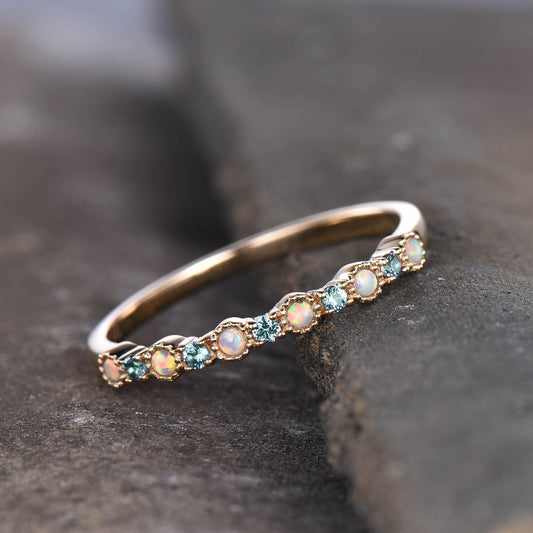 Alexandrite Opal Ring, Opal Wedding Ring, Gemstone Band, Unique Wedding Band, Stacking Ring, Gold Ring, Anniversary Gift