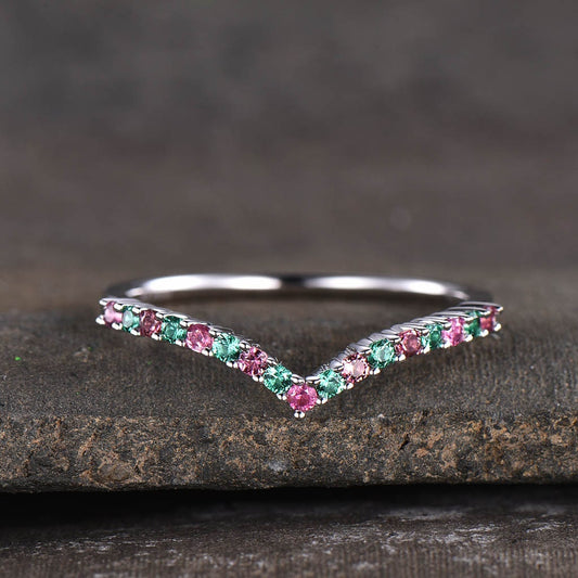 V curve stacking ring, emerald and tourmaline wedding band, dainty wedding ring, emerald wedding band, gemstone band, silver ring