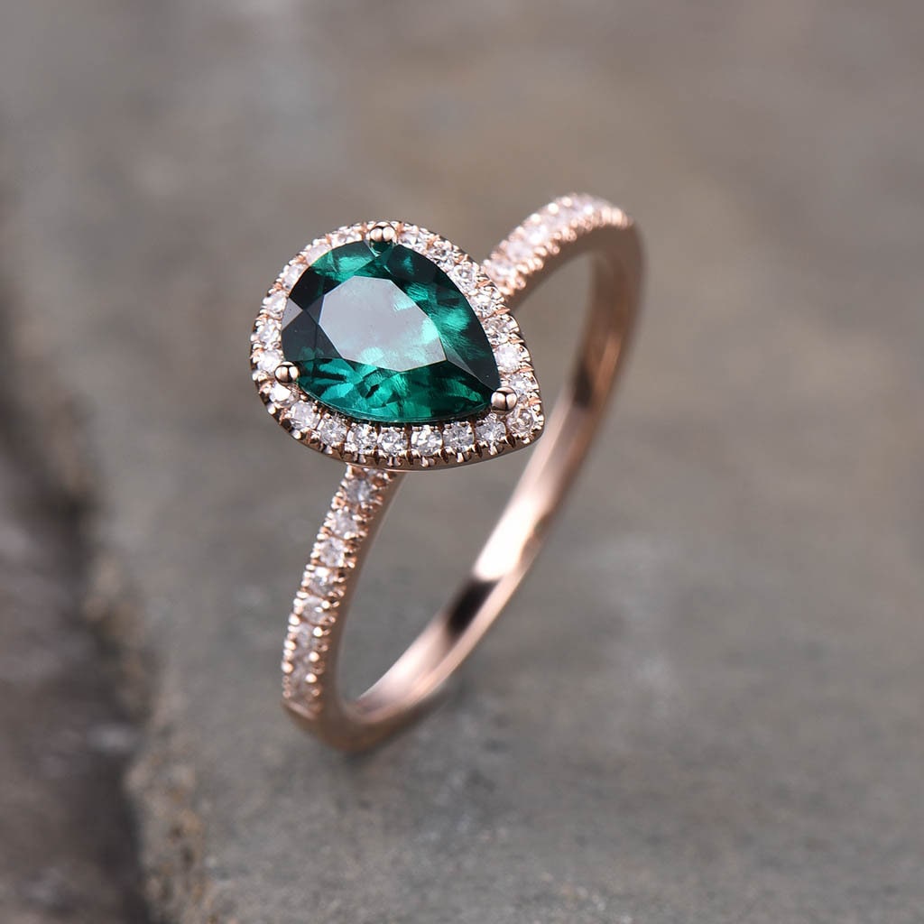 Emerald Ring, May Birthstone Ring, Pear Emerald Engagement Ring, Rose Gold Emerald Ring, Halo Ring, Promise Ring, Green Gemstone