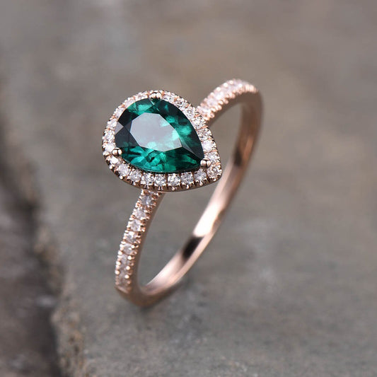 Emerald Ring, May Birthstone Ring, Pear Emerald Engagement Ring, Rose Gold Emerald Ring, Halo Ring, Promise Ring, Green Gemstone