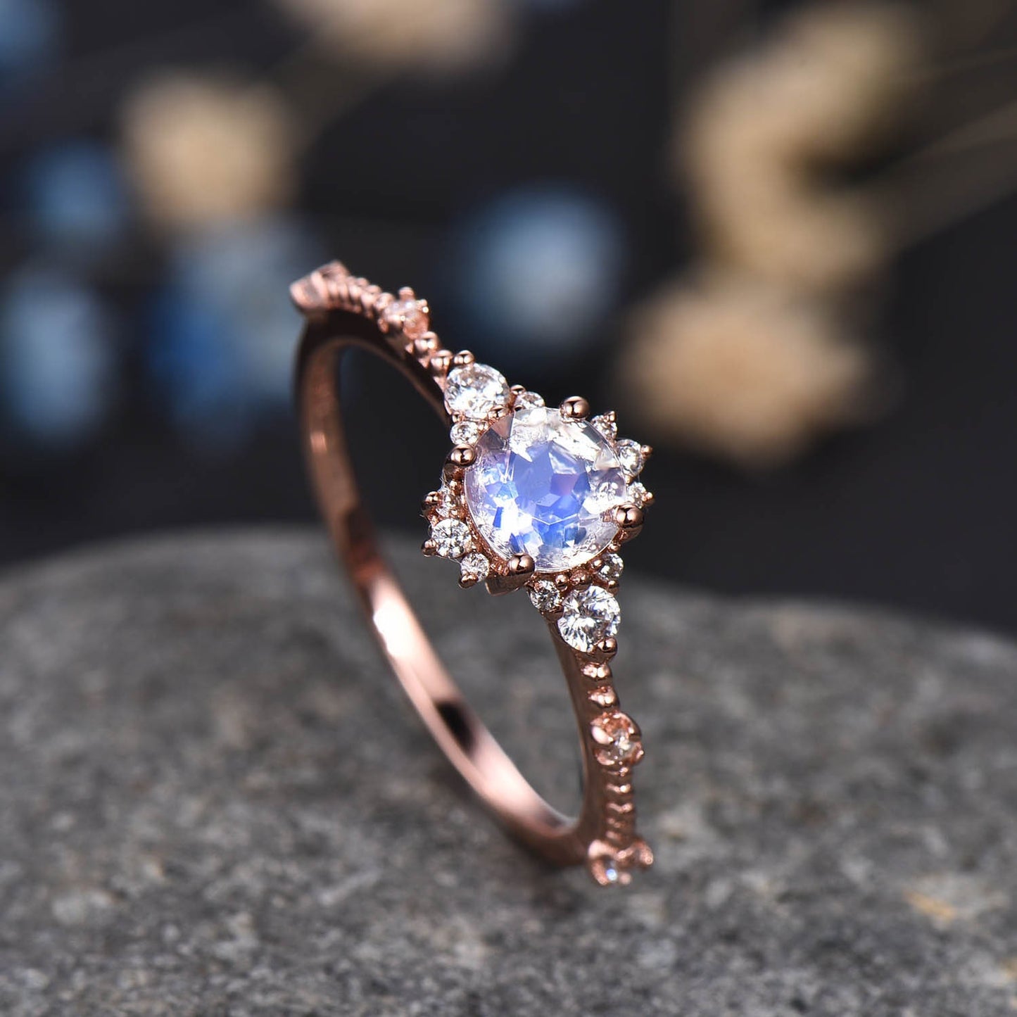 Moonstone Engagement Ring Set Rose Gold Diamond Matching Band For Women Floral Stacking Promise Wedding Jewelry Anniversary Gift For Her