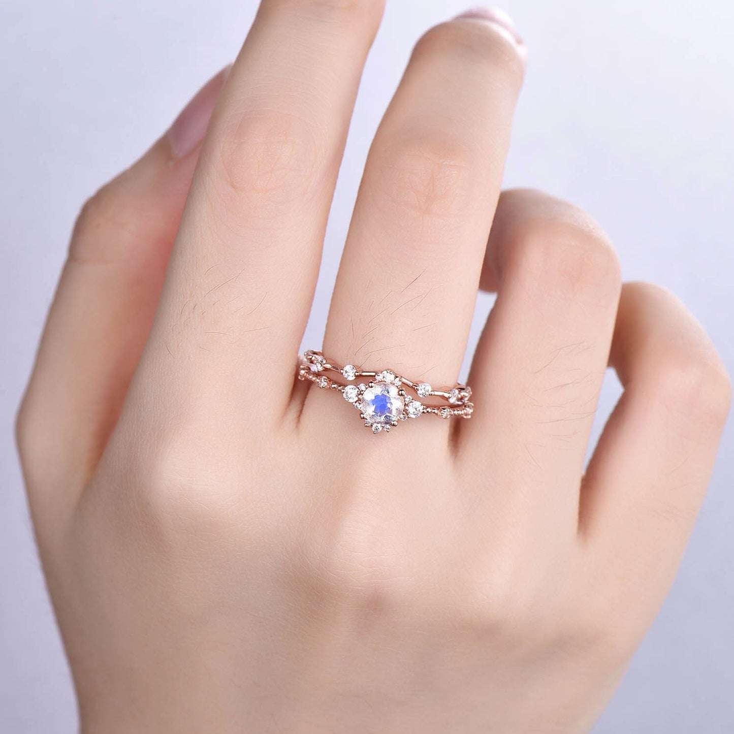 Moonstone Engagement Ring Set Rose Gold Diamond Matching Band For Women Floral Stacking Promise Wedding Jewelry Anniversary Gift For Her