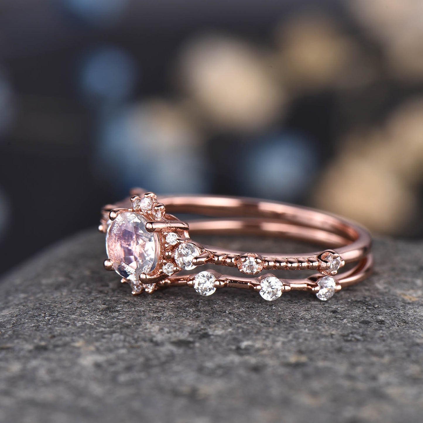 Moonstone Engagement Ring Set Rose Gold Diamond Matching Band For Women Floral Stacking Promise Wedding Jewelry Anniversary Gift For Her