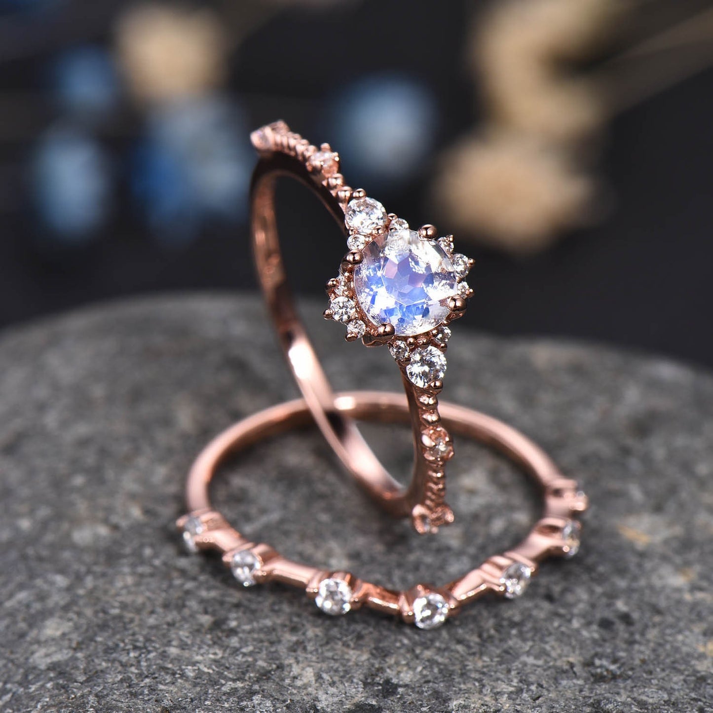 Moonstone Engagement Ring Set Rose Gold Diamond Matching Band For Women Floral Stacking Promise Wedding Jewelry Anniversary Gift For Her