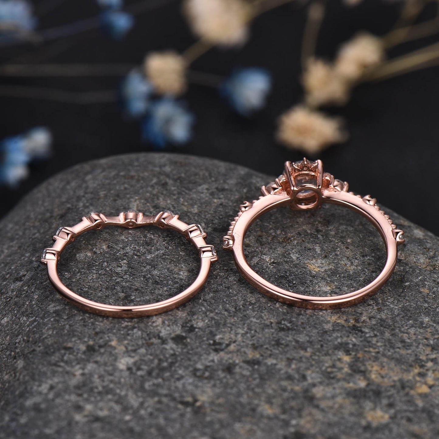 Moonstone Engagement Ring Set Rose Gold Diamond Matching Band For Women Floral Stacking Promise Wedding Jewelry Anniversary Gift For Her