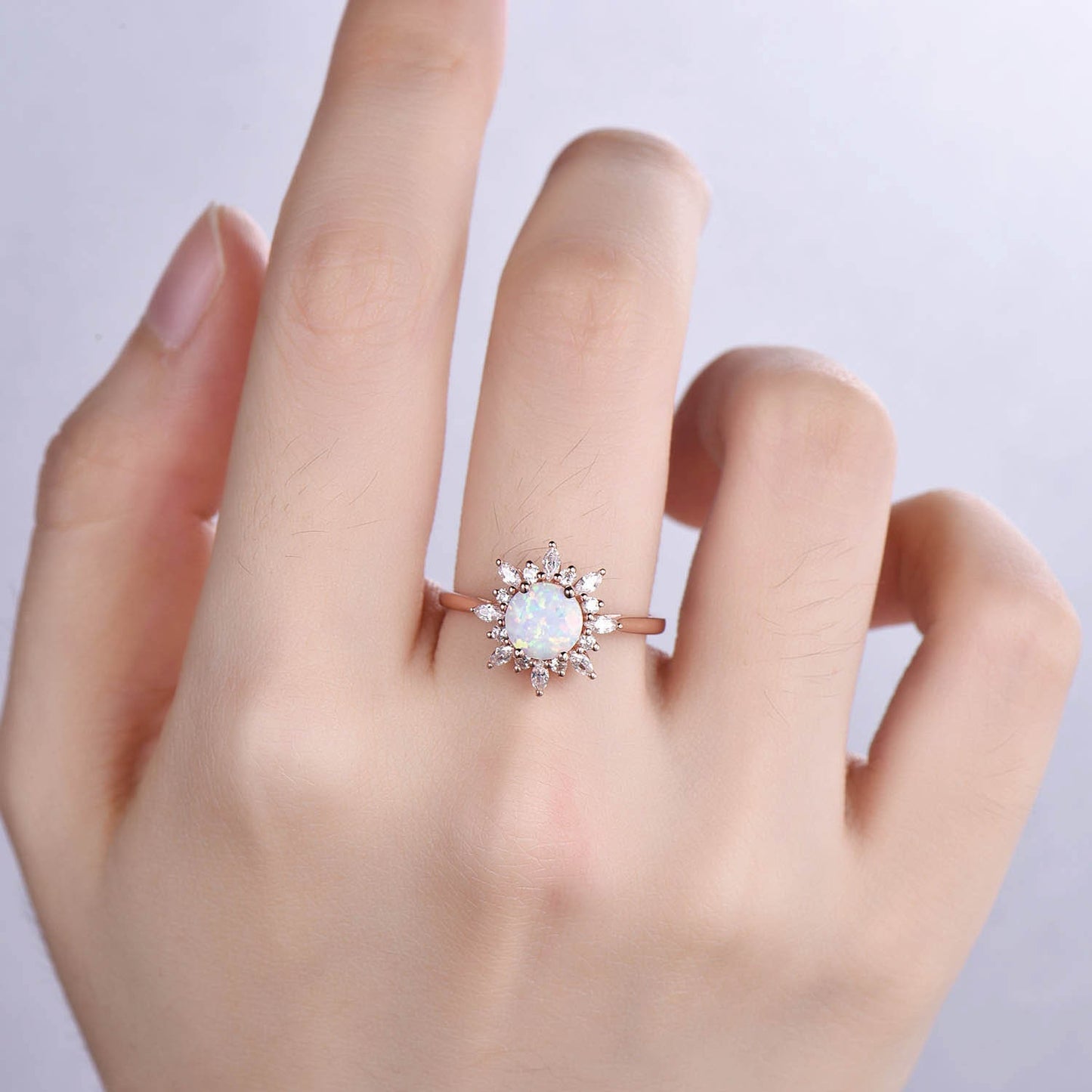 Unique Round cut Blue Sandstone Engagement Ring Women Antique Flower Diamond Halo Plain Gold Band Promise Bridal Anniversary Jewelry For Her