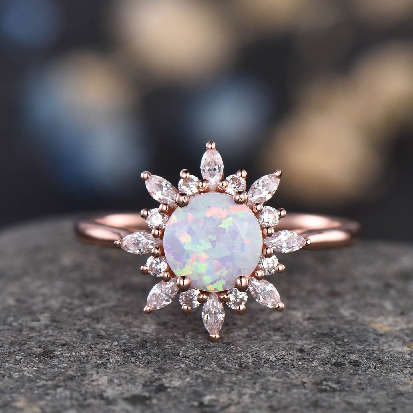 Unique Round cut Blue Sandstone Engagement Ring Women Antique Flower Diamond Halo Plain Gold Band Promise Bridal Anniversary Jewelry For Her