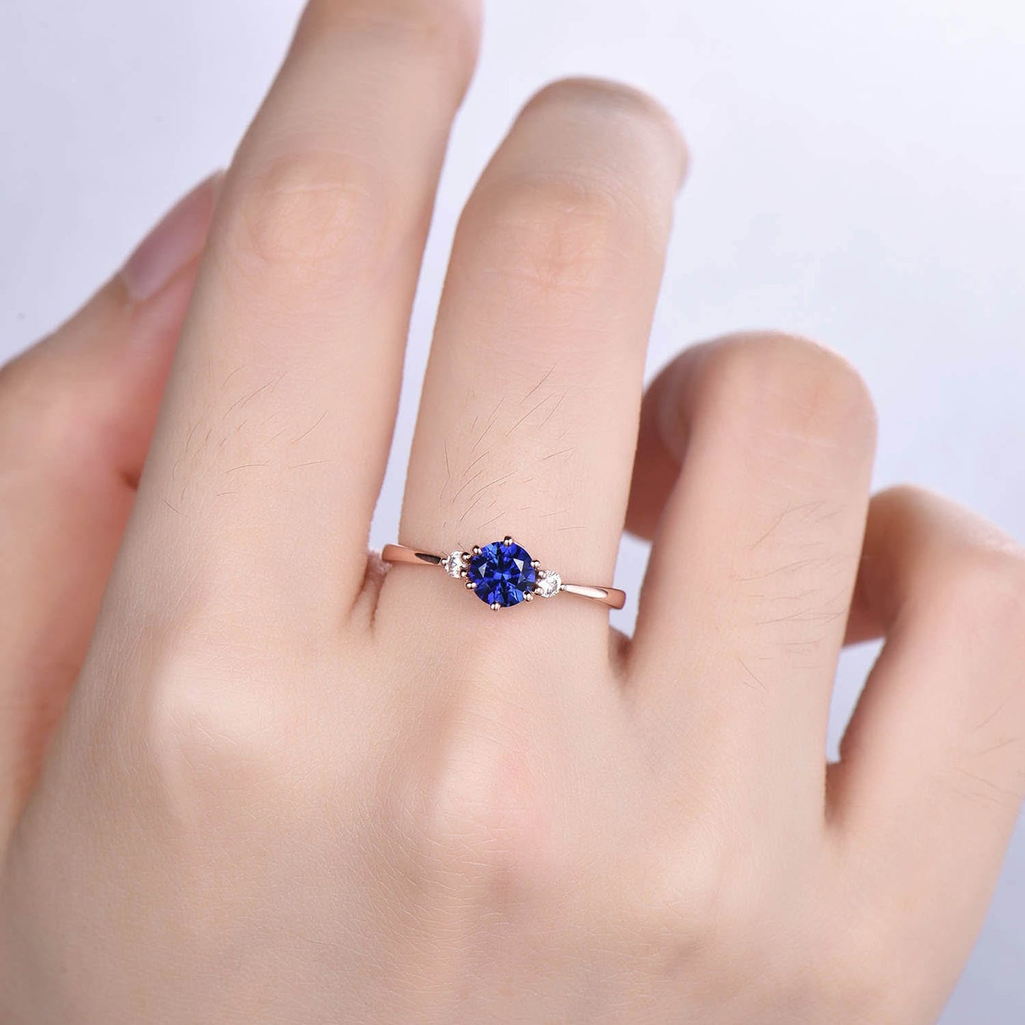 Blue sapphire ring set diamond engagement ring rose gold eternity opal curved stacking matching band promise jewelry September birthstone
