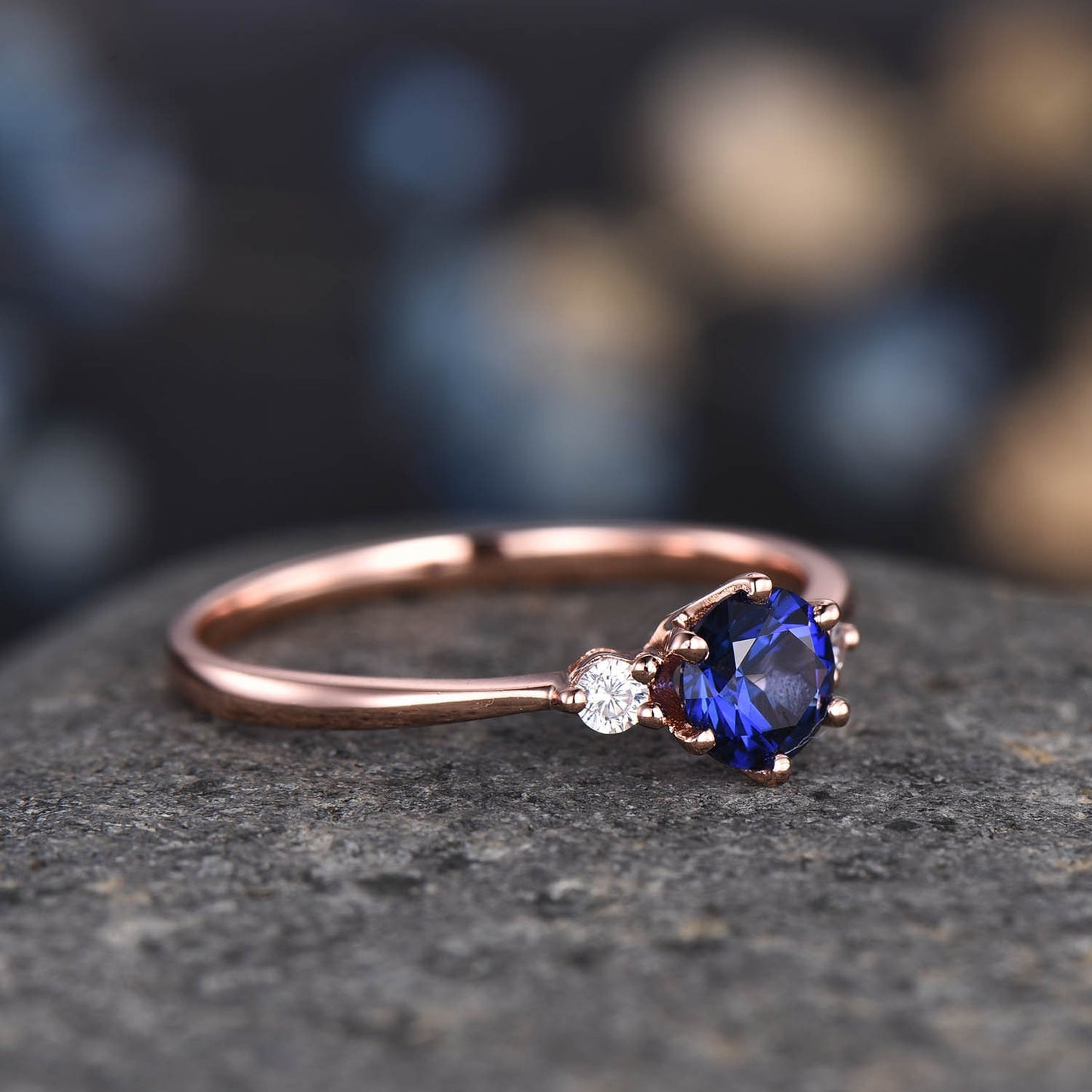 Blue sapphire engagement ring rose gold women three stone ring vintage diamond bridal promise jewelry gift for her September Birthstone