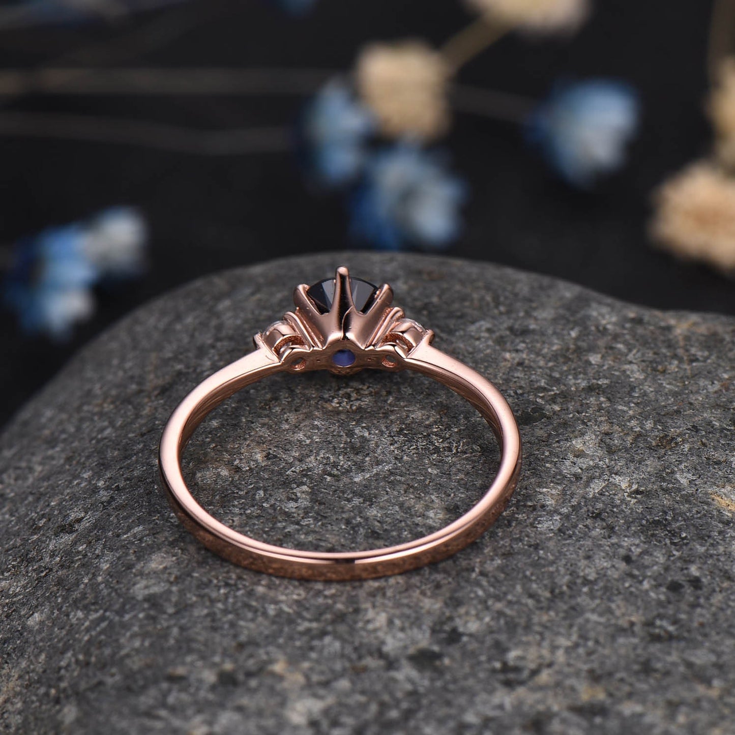 Blue sapphire engagement ring rose gold women three stone ring vintage diamond bridal promise jewelry gift for her September Birthstone