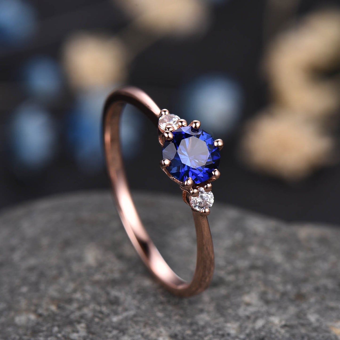 Blue sapphire engagement ring rose gold women three stone ring vintage diamond bridal promise jewelry gift for her September Birthstone