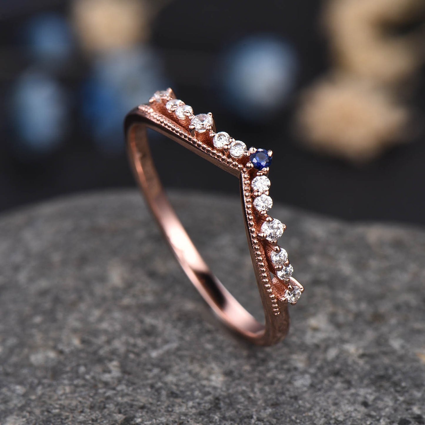 Curved Wedding Band Solid Gold Diamond Blue Sapphire Ring Women Chevron Matching Stacking Band Unique Promise Anniversary band Gift For Her