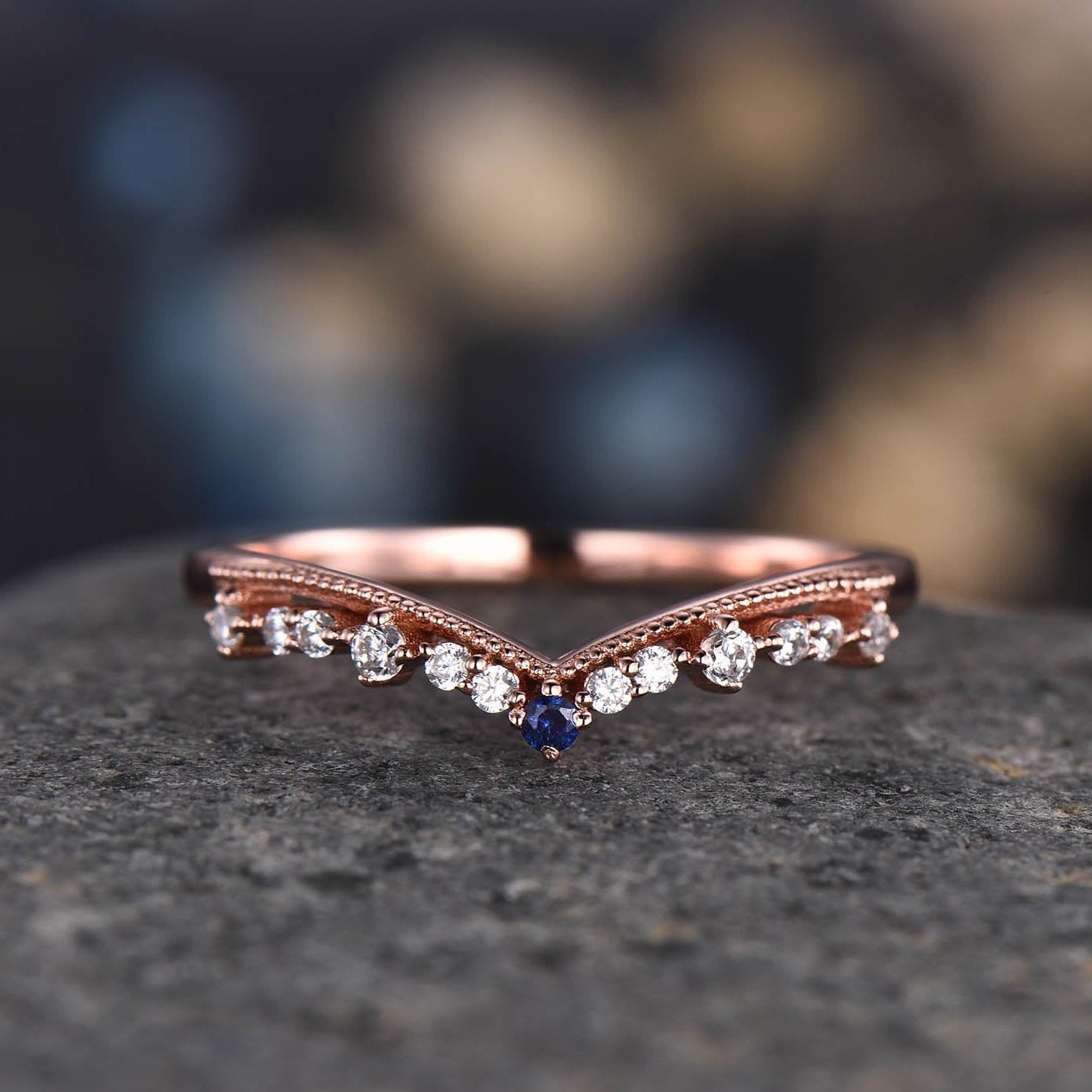 Curved Wedding Band Rose Gold Diamond Blue Sapphire Ring Women Chevron Matching Stacking Band Unique Promise Anniversary band