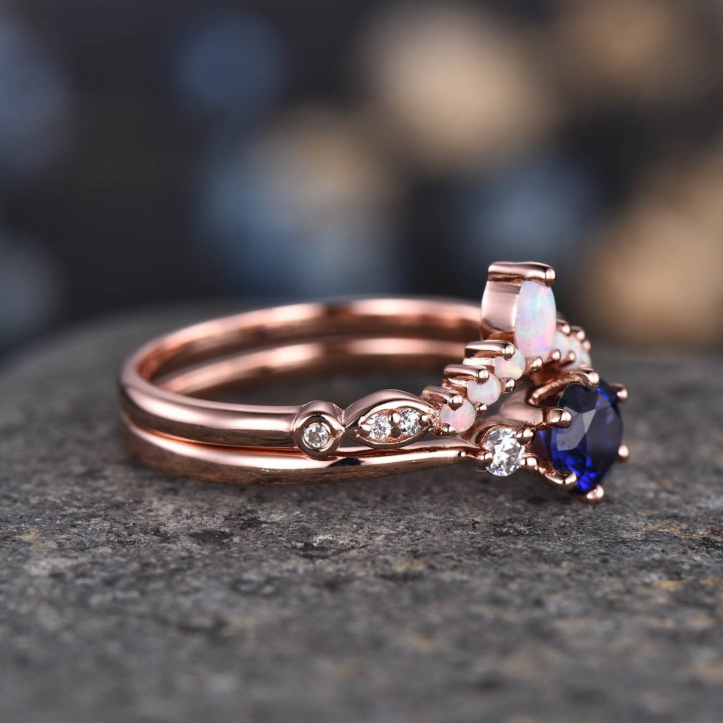 Blue sapphire ring set diamond engagement ring rose gold eternity opal curved stacking matching band promise jewelry September birthstone