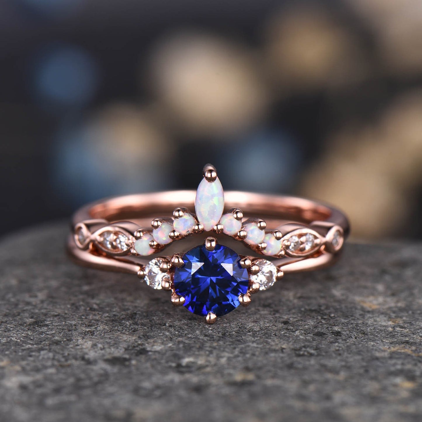 Moss agate ring set diamond engagement ring rose gold eternity opal curved stacking matching band promise jewelry Christmas gift for her Mom