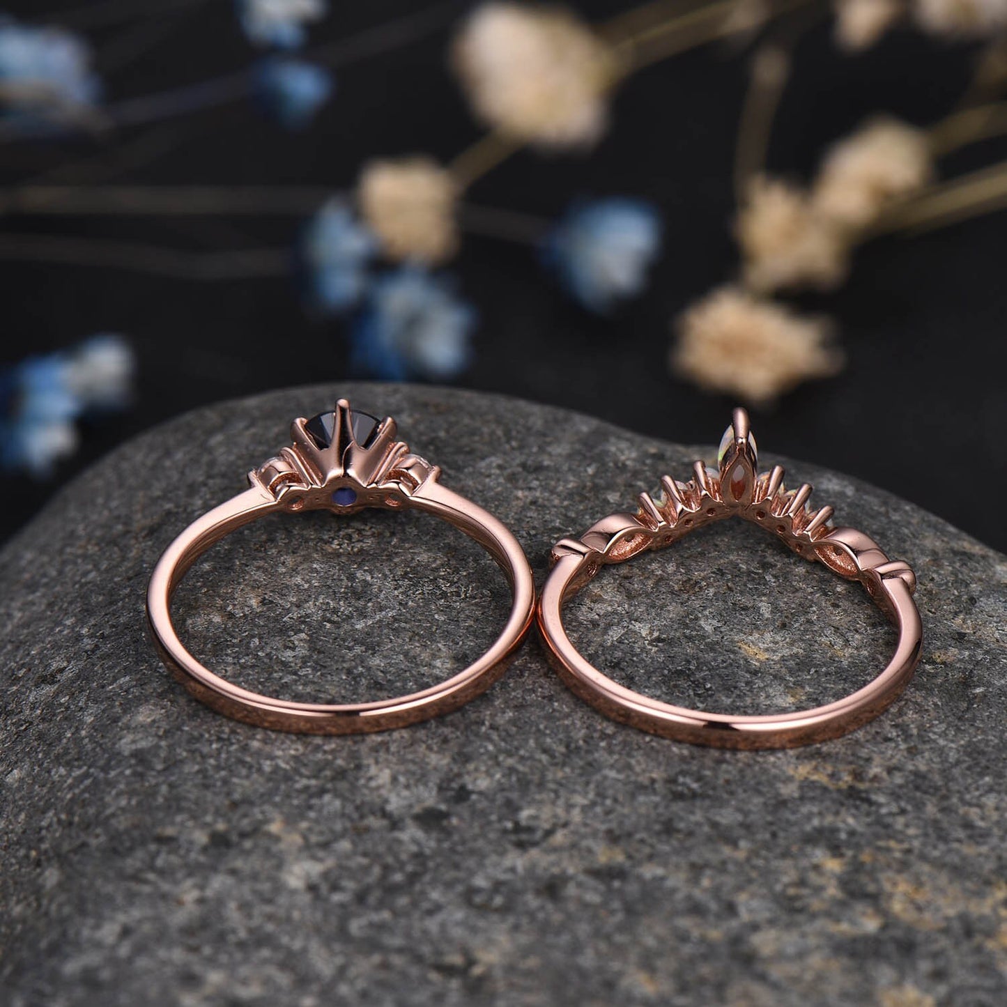 Blue sapphire ring set diamond engagement ring rose gold eternity opal curved stacking matching band promise jewelry September birthstone