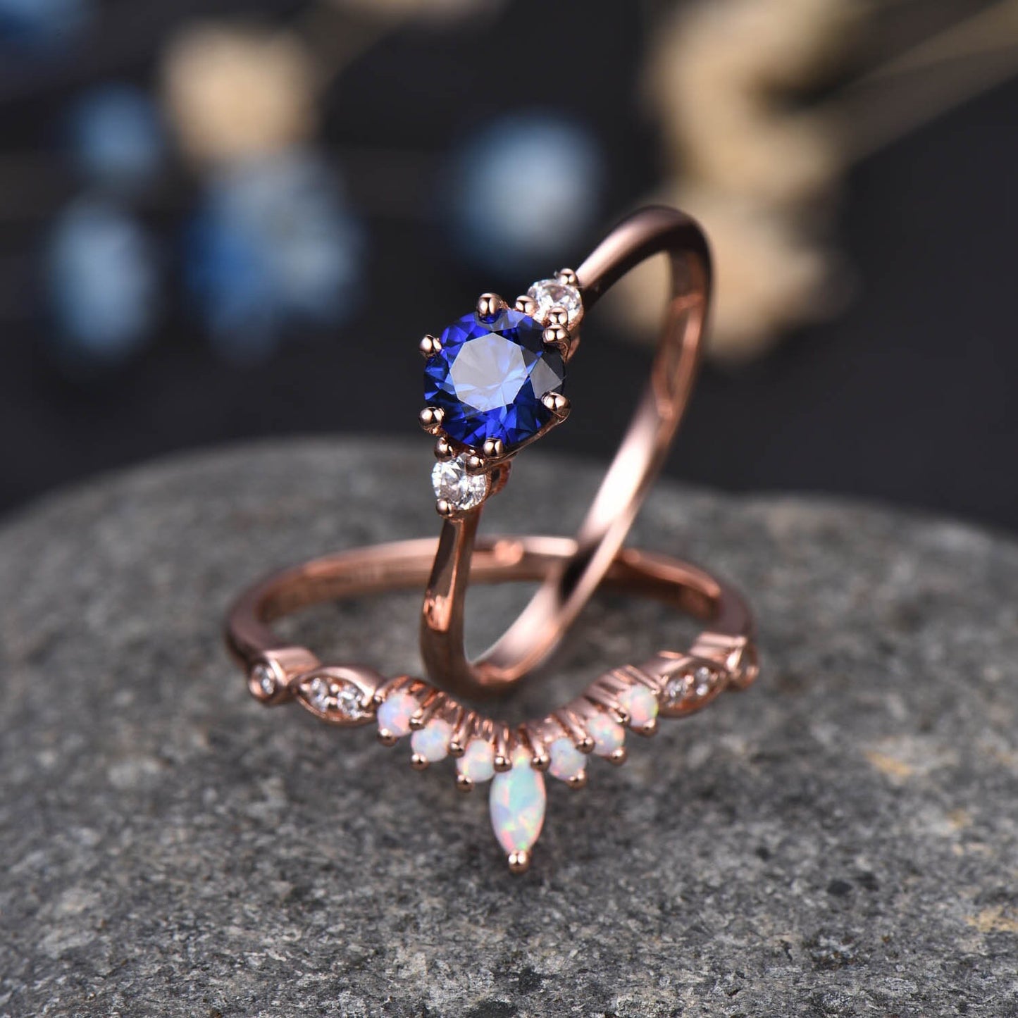 Blue sapphire ring set diamond engagement ring rose gold eternity opal curved stacking matching band promise jewelry September birthstone