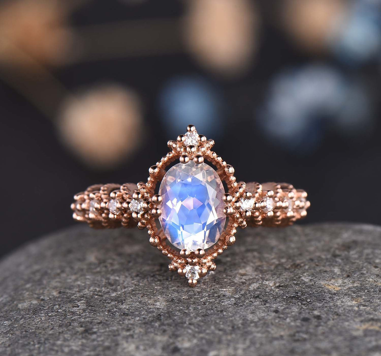 Vintage Moonstone Engagement Ring Rose Gold Diamond/Moissanite Wedding Ring 6x8mm Oval Cut Moonstone Halo Milgrain Ring June Birthstone