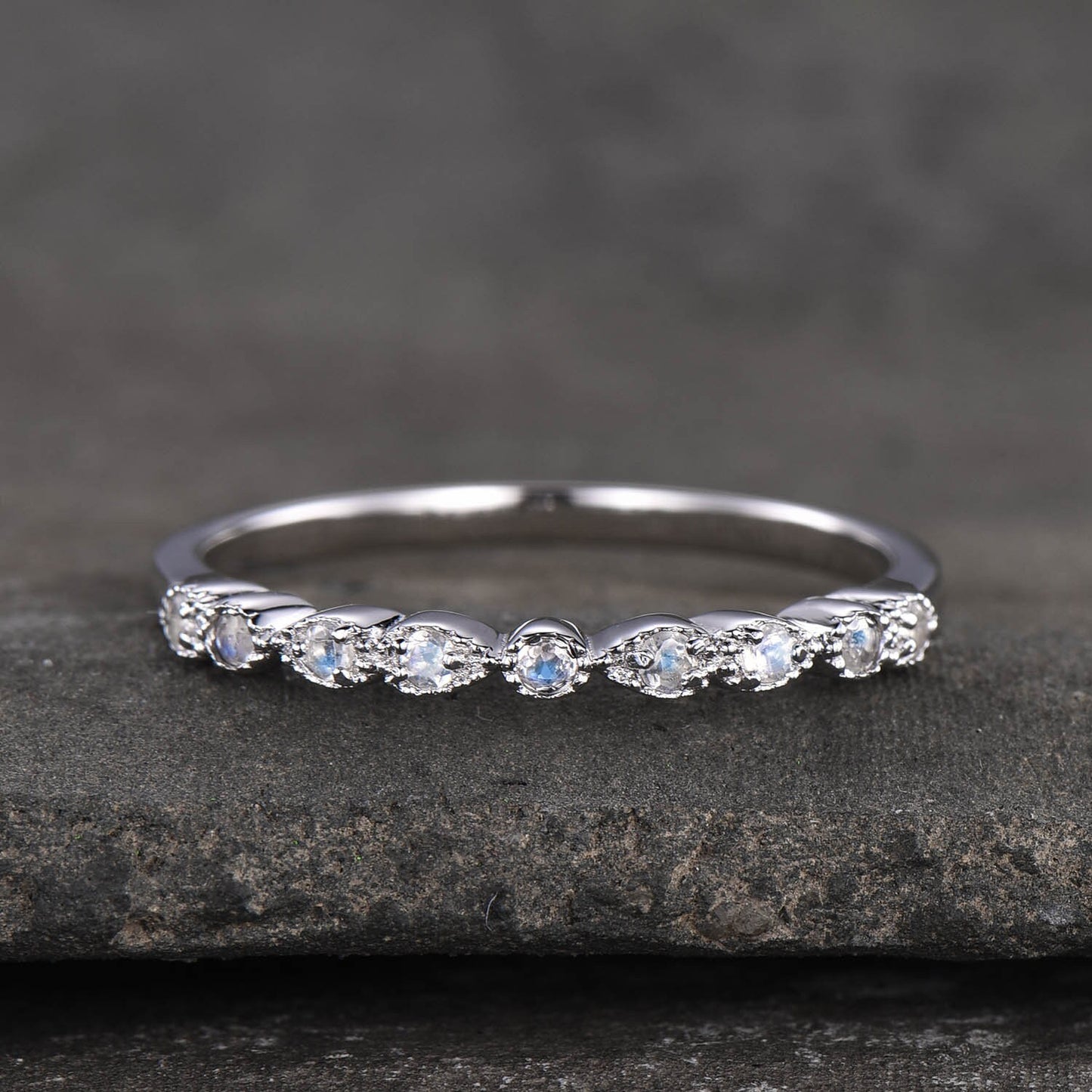 Dainty Moonstone Ring, Rainbow Moonstone Wedding Band, Genuine Gemstone, Stacking Ring, Delicate Ring Rose Gold, Half Eternity Band