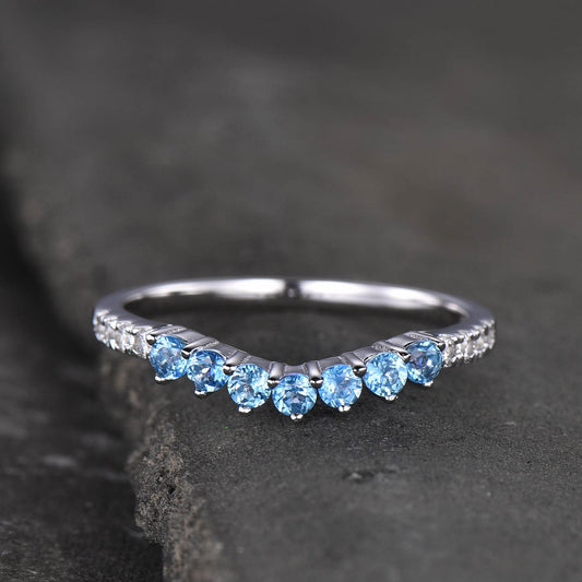 Blue topaz ring, wedding ring, Curved stacking ring, Matching band, Gemstone band, Silver ring, Stackable, December birthstone