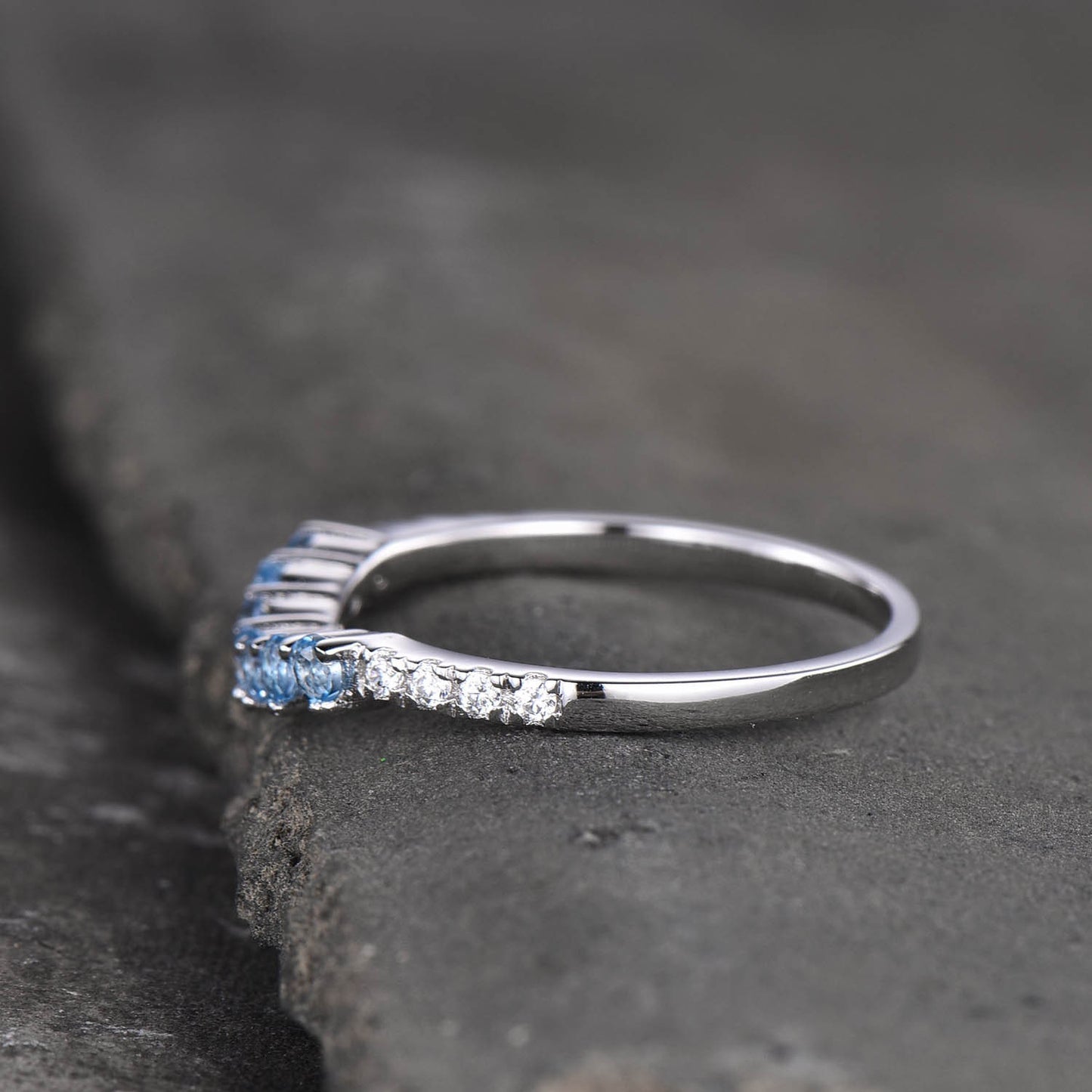 Blue topaz ring, wedding ring, Curved stacking ring, Matching band, Gemstone band, Silver ring, Stackable, December birthstone