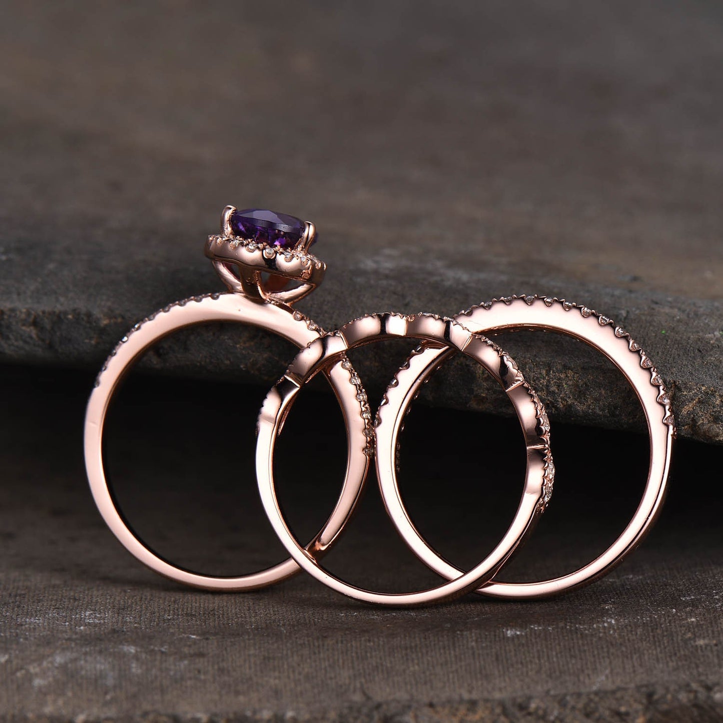 Amethyst Wedding Ring Set, Pear Amethyst Engagement Ring, Stacking Bands, February Birthstone Ring, Rose Gold Plated, Bridal Set