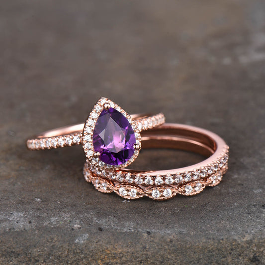 Amethyst Wedding Ring Set, Pear Amethyst Engagement Ring, Stacking Bands, February Birthstone Ring, Rose Gold Plated, Bridal Set