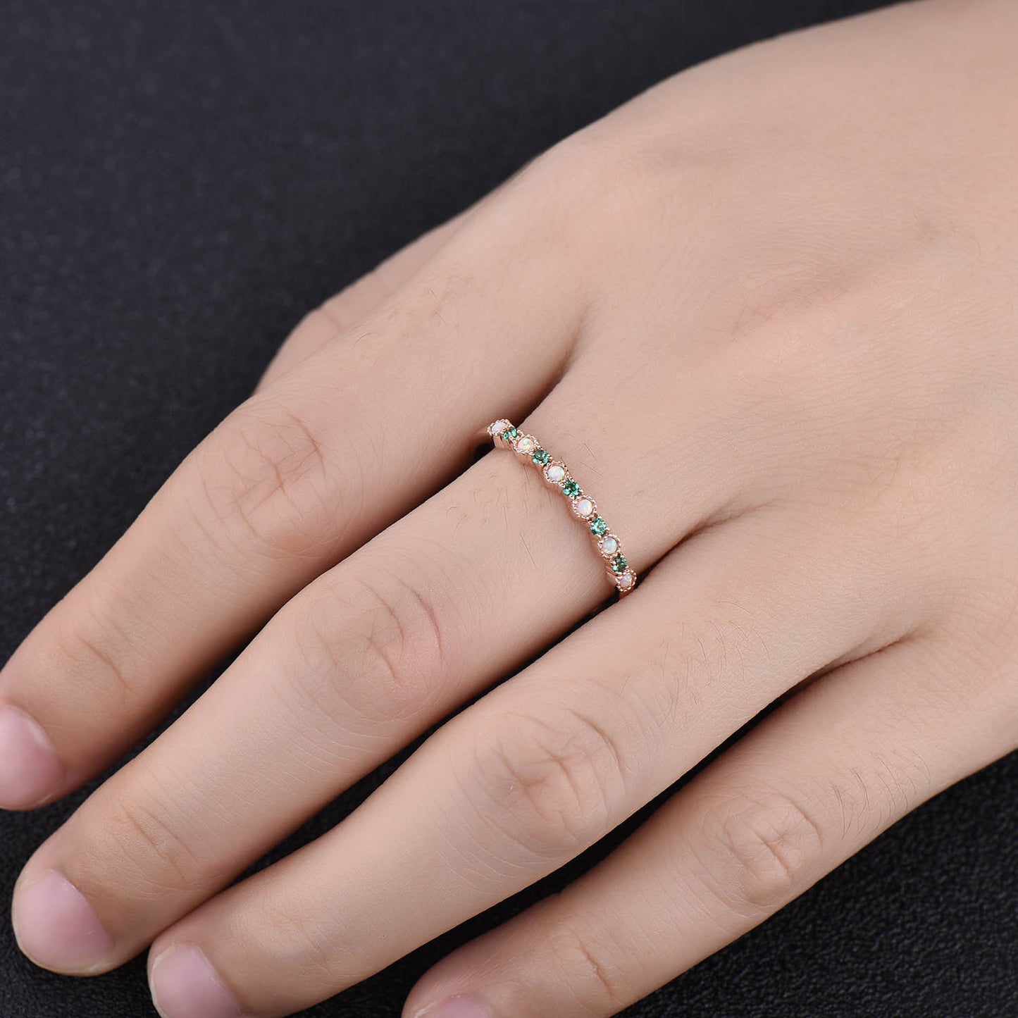 Opal Emerald Wedding Ring Opal Wedding Band Rose Gold Ring Dainty Stacking Ring Art deco Gemstone Band Anniversary Gift for Women