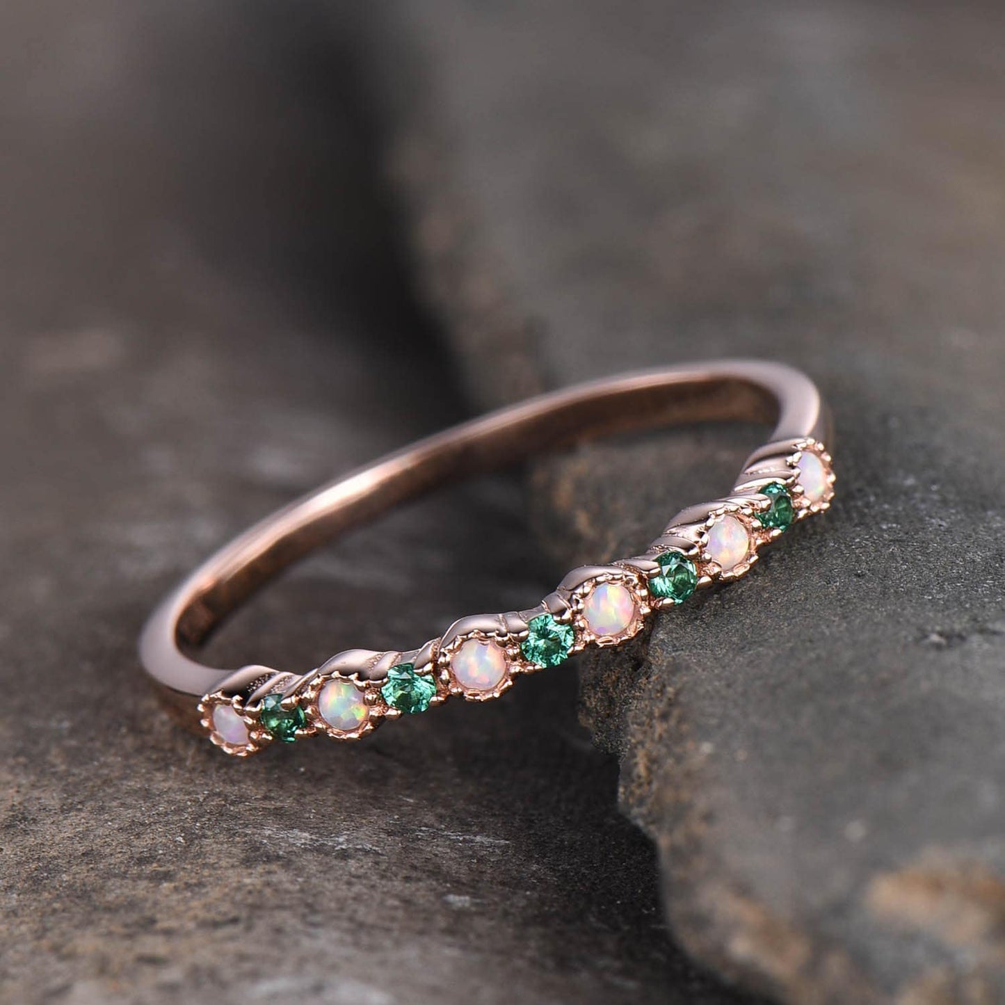 Opal Emerald Wedding Ring Opal Wedding Band Rose Gold Ring Dainty Stacking Ring Art deco Gemstone Band Anniversary Gift for Women