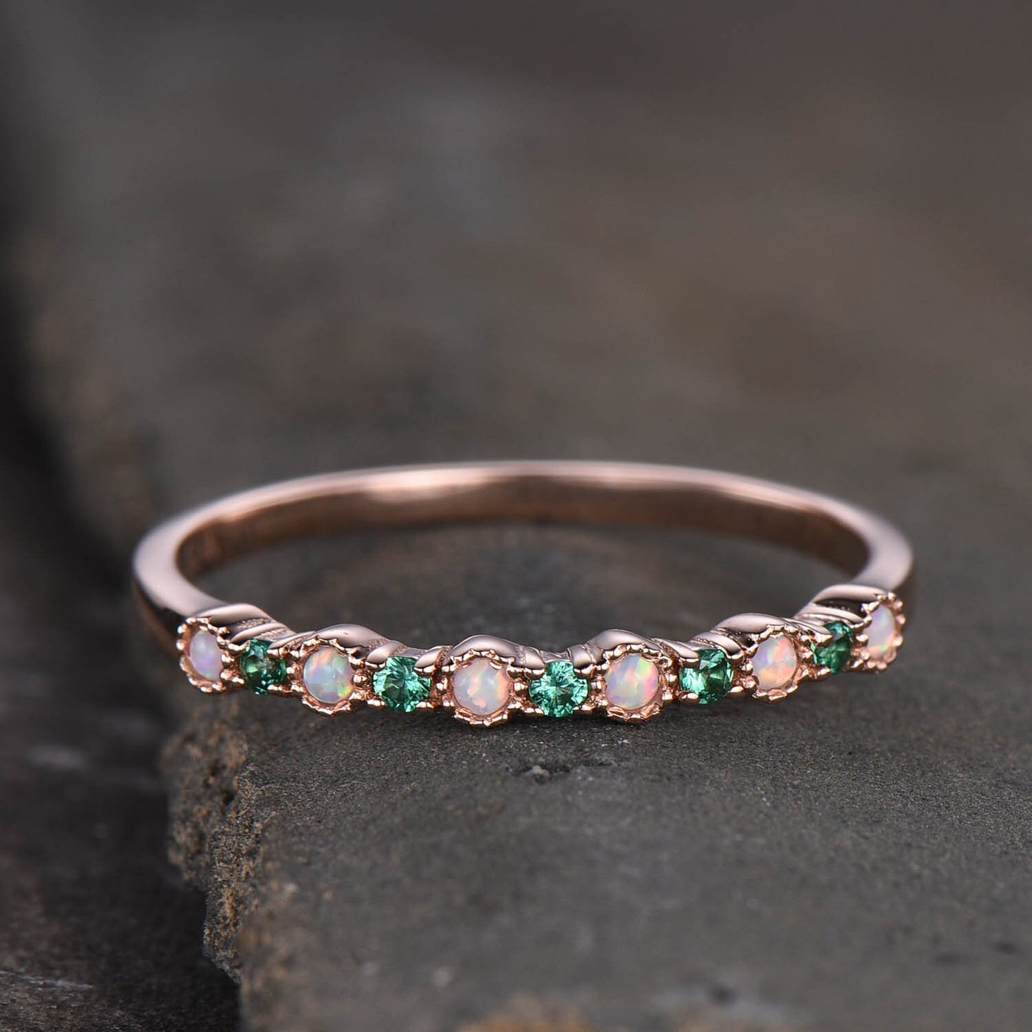 Opal Emerald Wedding Ring Opal Wedding Band Rose Gold Ring Dainty Stacking Ring Art deco Gemstone Band Anniversary Gift for Women