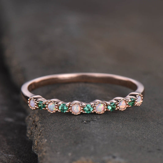 Opal Emerald Wedding Ring Opal Wedding Band Rose Gold Ring Dainty Stacking Ring Art deco Gemstone Band Anniversary Gift for Women