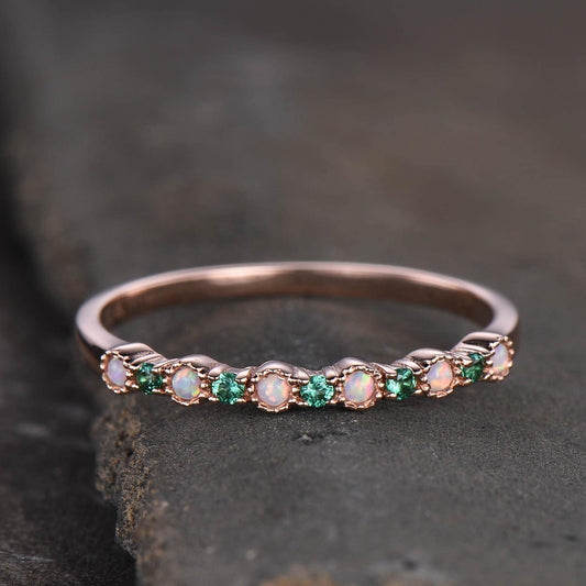 Opal Emerald Wedding Ring Opal Wedding Band Rose Gold Ring Dainty Stacking Ring Art deco Gemstone Band Anniversary Gift for Women