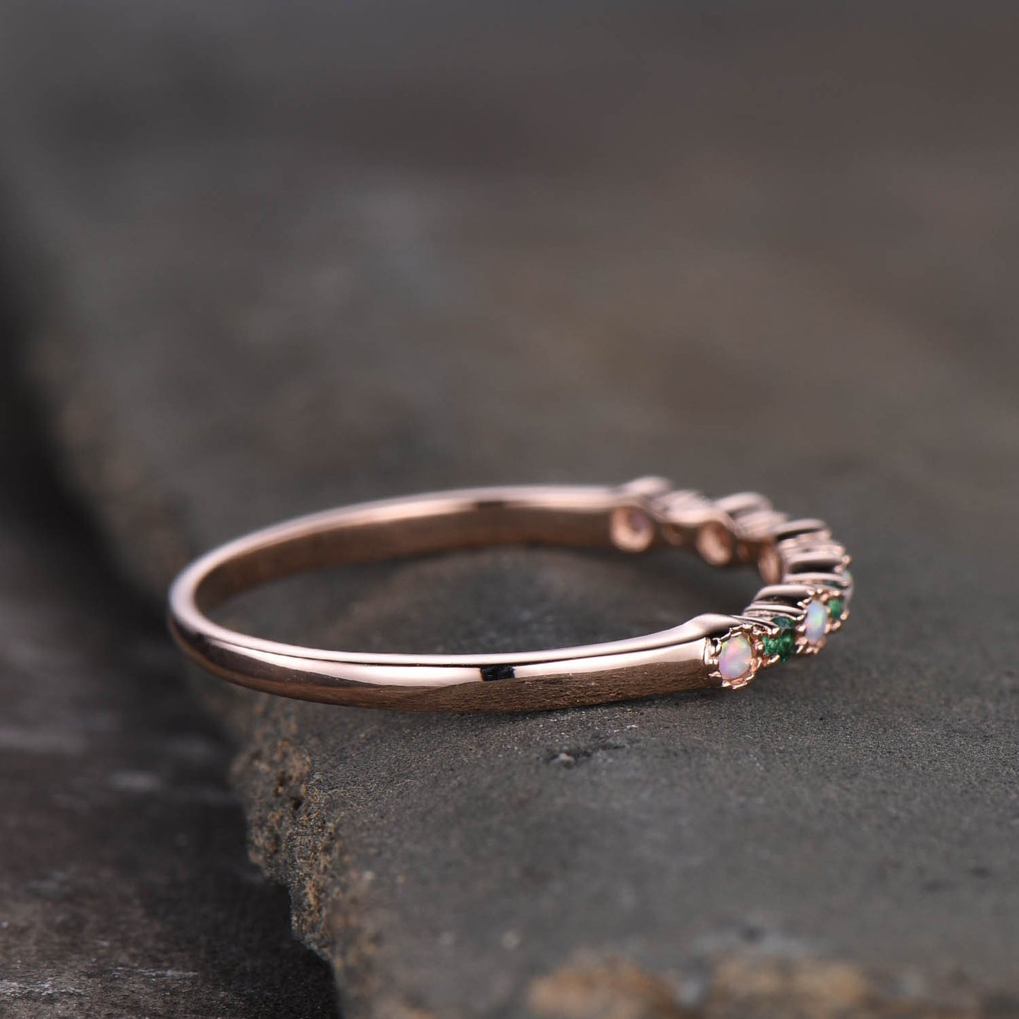 Opal Emerald Wedding Ring Opal Wedding Band Rose Gold Ring Dainty Stacking Ring Art deco Gemstone Band Anniversary Gift for Women
