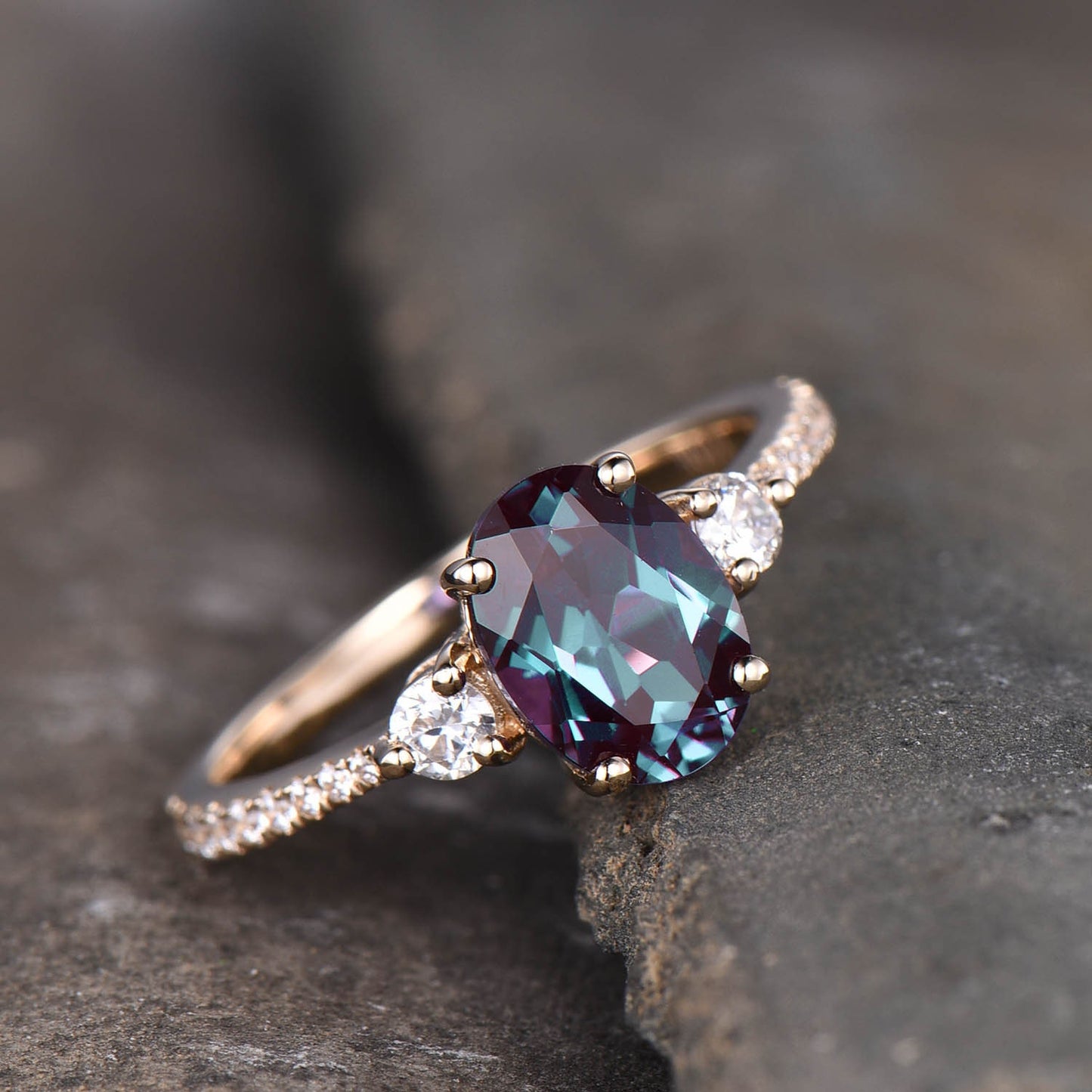 Oval Alexandrite Ring, Alexandrite Man Made Diamond Three Stone Engagement Ring, 14K Gold Ring, Alexandrite Engagement Ring, Silver Rings