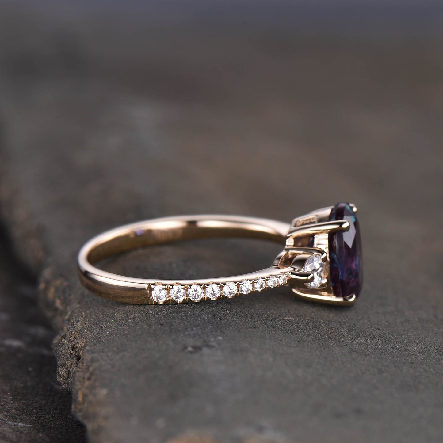 Alexandrite Ring, Oval Alexandrite Engagement Ring, Three Stone Design, June Birthstone Ring, Promise Ring, Anniversary Ring