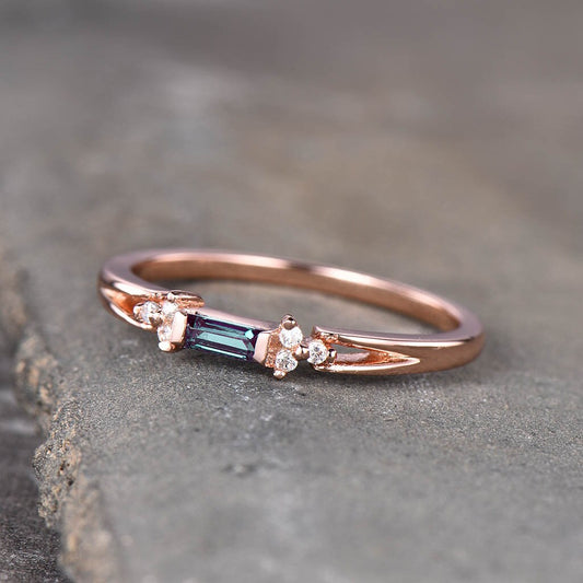 Baguette Alexandrite Ring, Alexandrite Wedding Ring, Rose Gold Wedding Band, Dainty Ring, June Birthstone Ring, Anniversary Gift