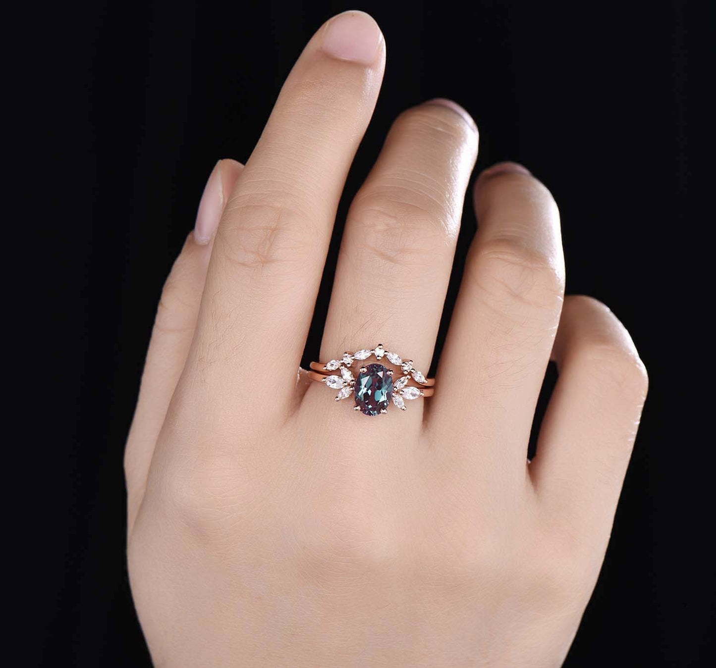 Alexandrite Engagement Ring Set Rose Gold Women Diamond/Moissanite Matching Band Unique Promise Bridal Stacking Ring Set Gift For Her