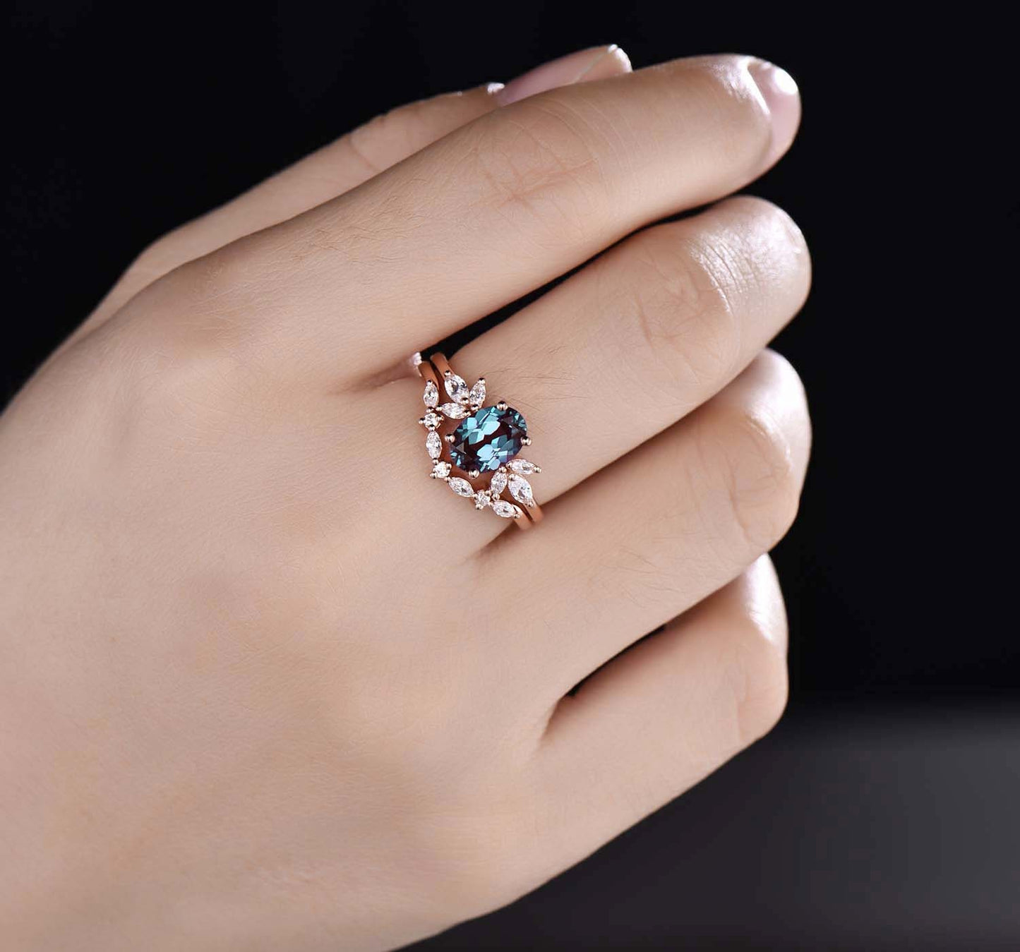 Alexandrite Engagement Ring Set Rose Gold Women Diamond/Moissanite Matching Band Unique Promise Bridal Stacking Ring Set Gift For Her