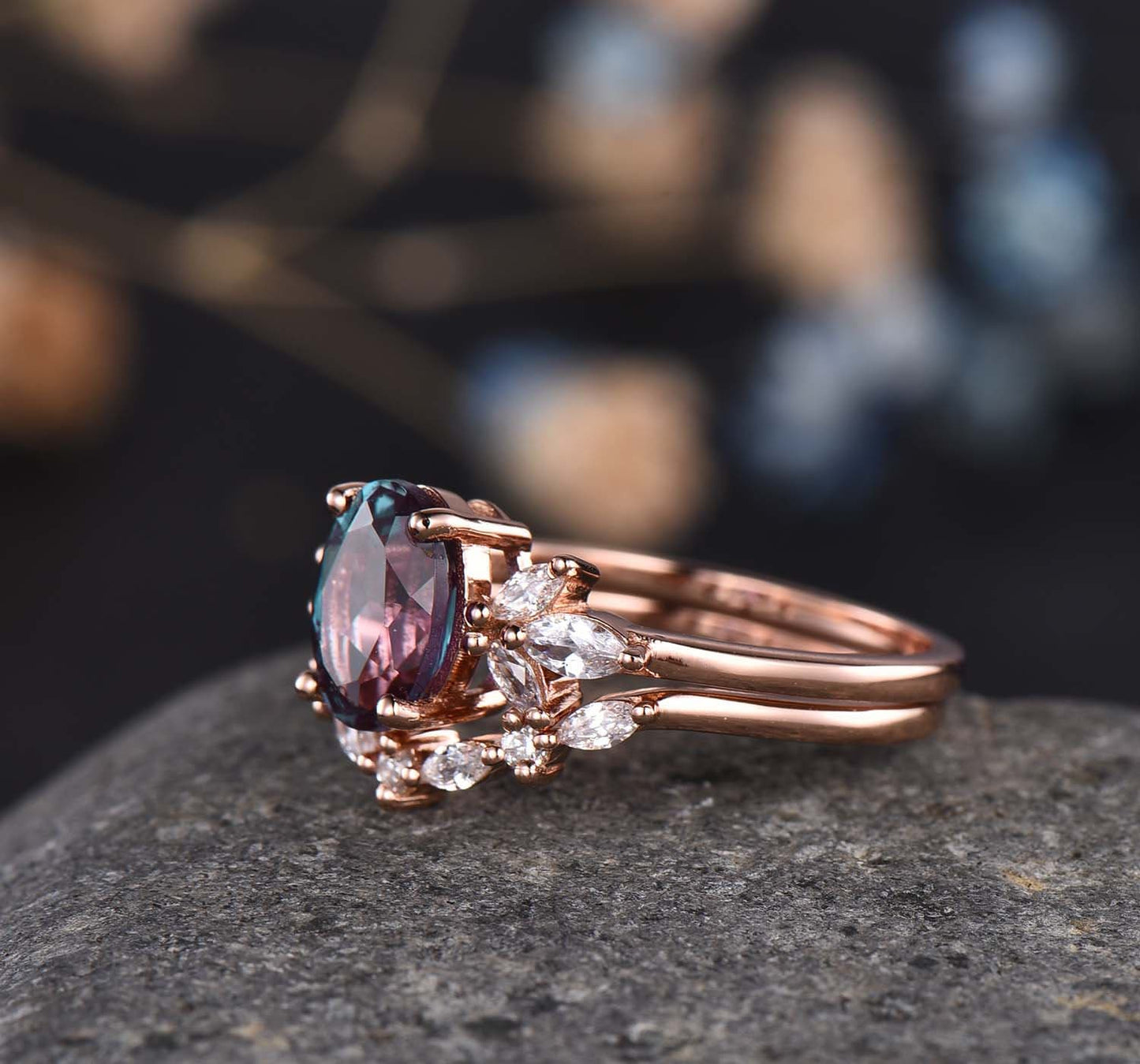 Alexandrite Engagement Ring Set Rose Gold Women Diamond/Moissanite Matching Band Unique Promise Bridal Stacking Ring Set Gift For Her