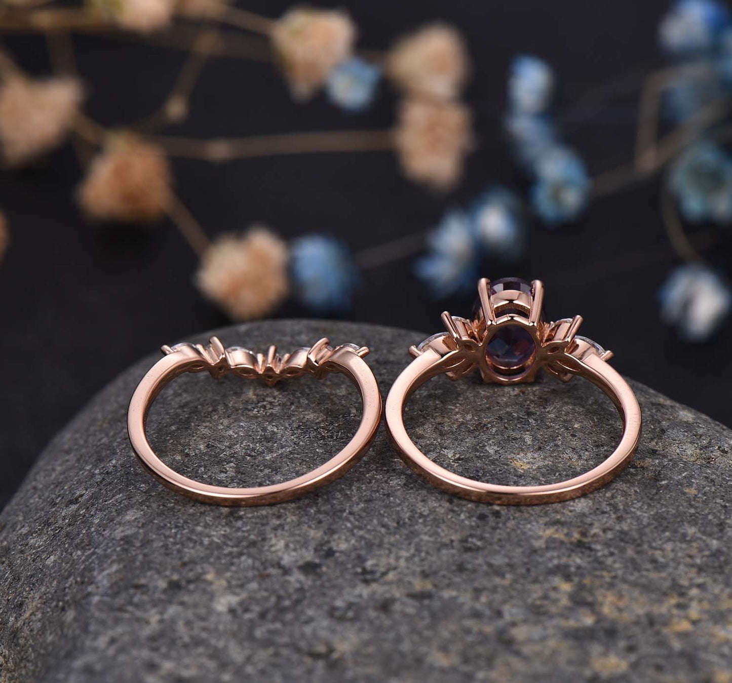 Alexandrite Engagement Ring Set Rose Gold Women Diamond/Moissanite Matching Band Unique Promise Bridal Stacking Ring Set Gift For Her