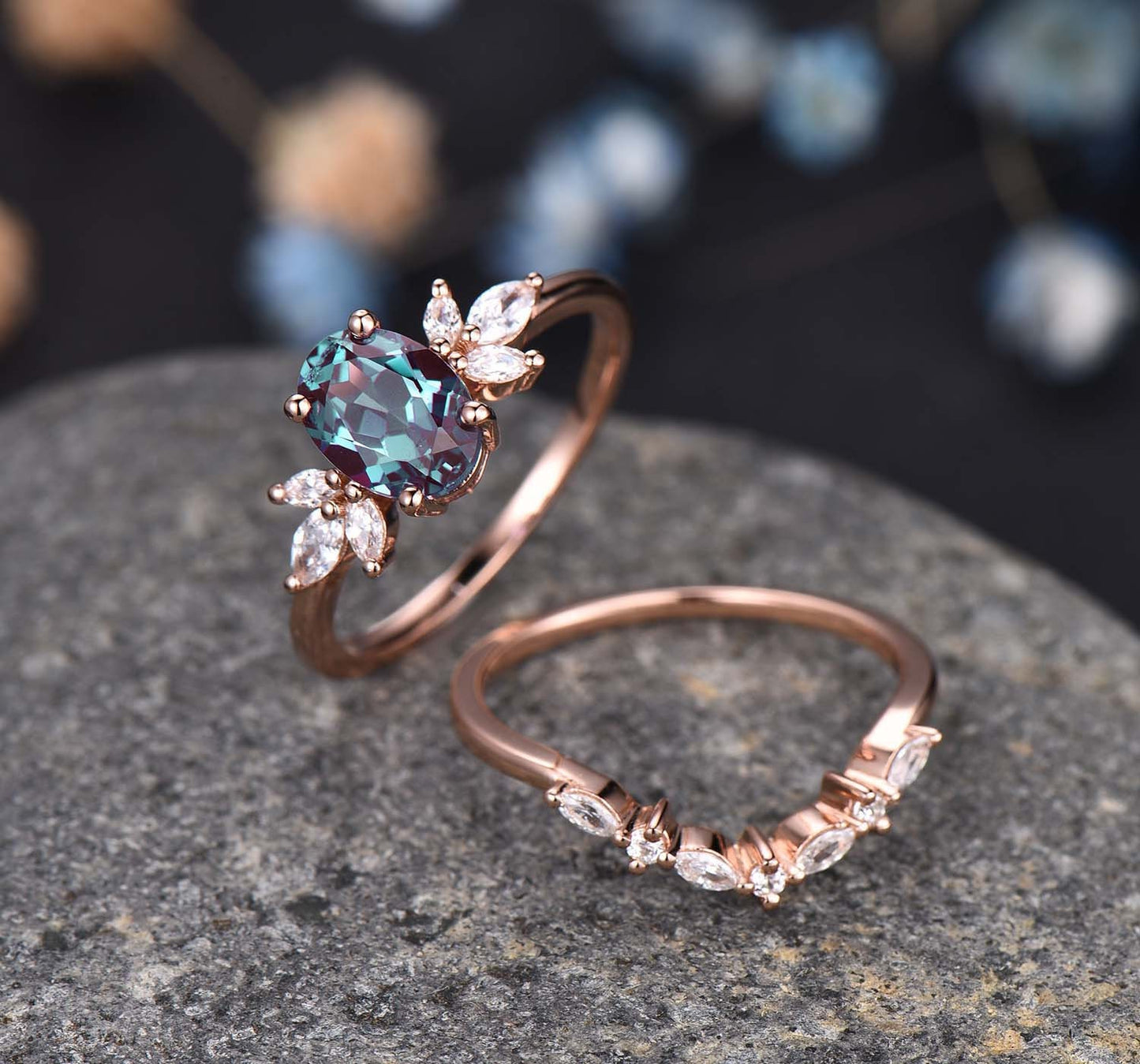 Alexandrite Engagement Ring Set Rose Gold Women Diamond/Moissanite Matching Band Unique Promise Bridal Stacking Ring Set Gift For Her