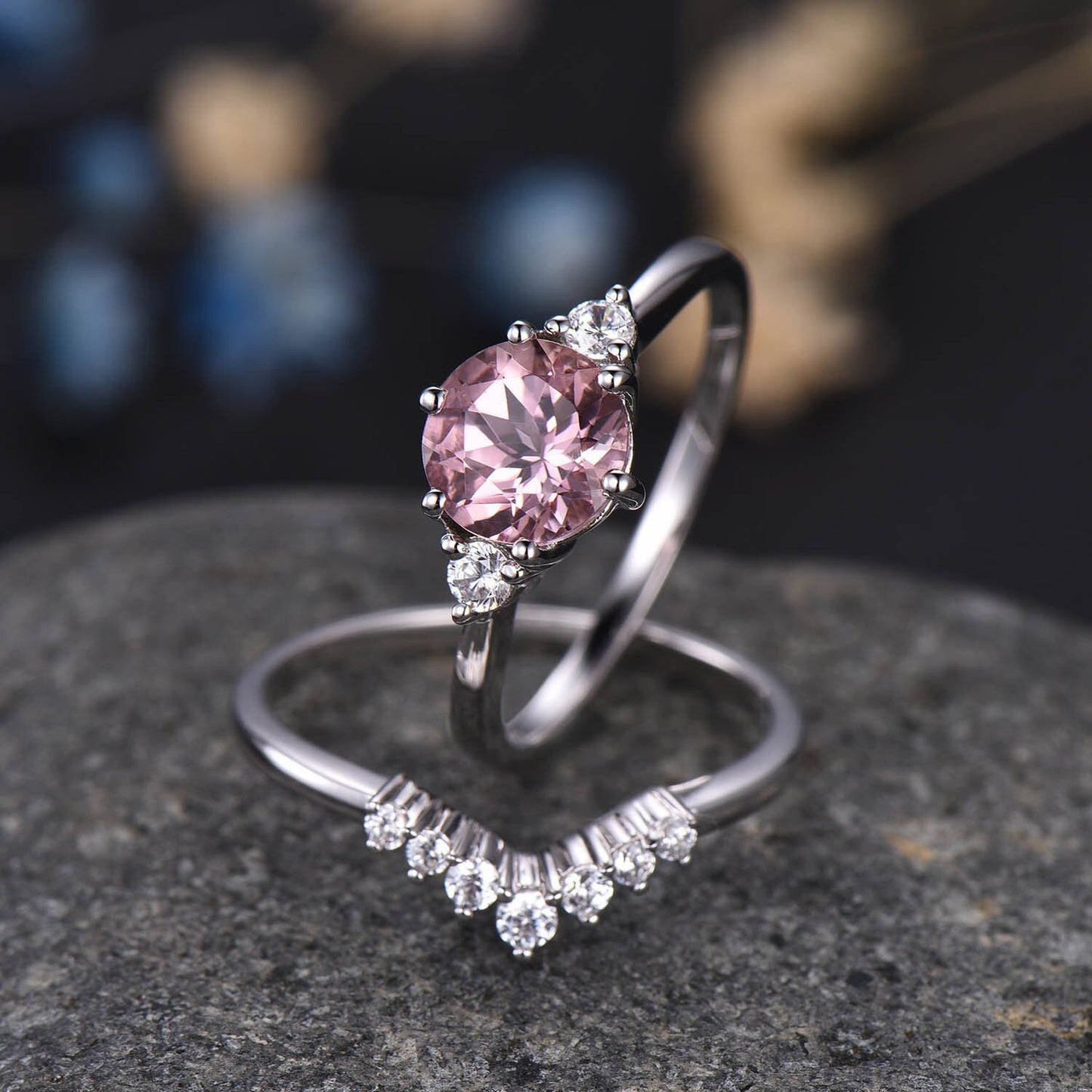 Morganite Engagement Ring Set Curved Crown Diamond/Moissanite Matching Band For Women White Gold Wedding Promise Anniversary Jewelry