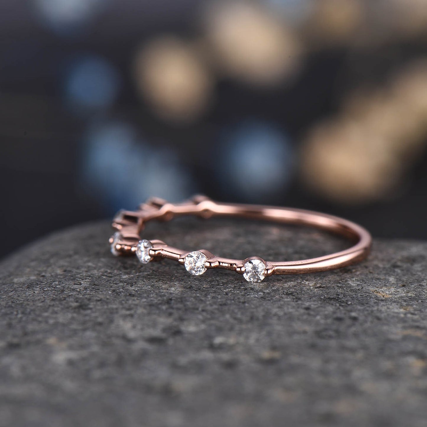 Dainty Diamond Wedding Band Rose Gold Curved Wedding Ring Stacking Matching Band For Women Genuine Diamond Anniversary Gift For Her