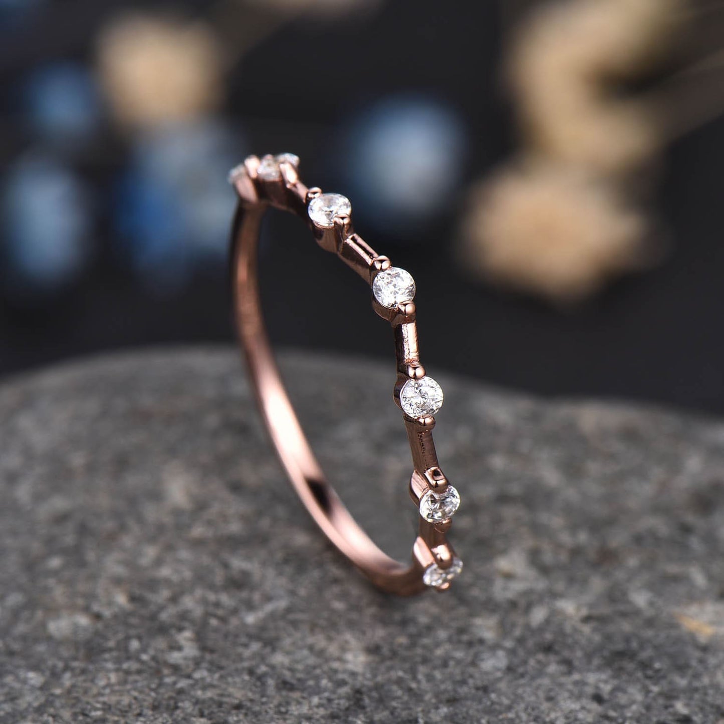 Dainty Diamond Wedding Band 14k Solid Gold Curved Wedding Ring Stacking Matching Band For Women Genuine Diamond Anniversary Gift For Her