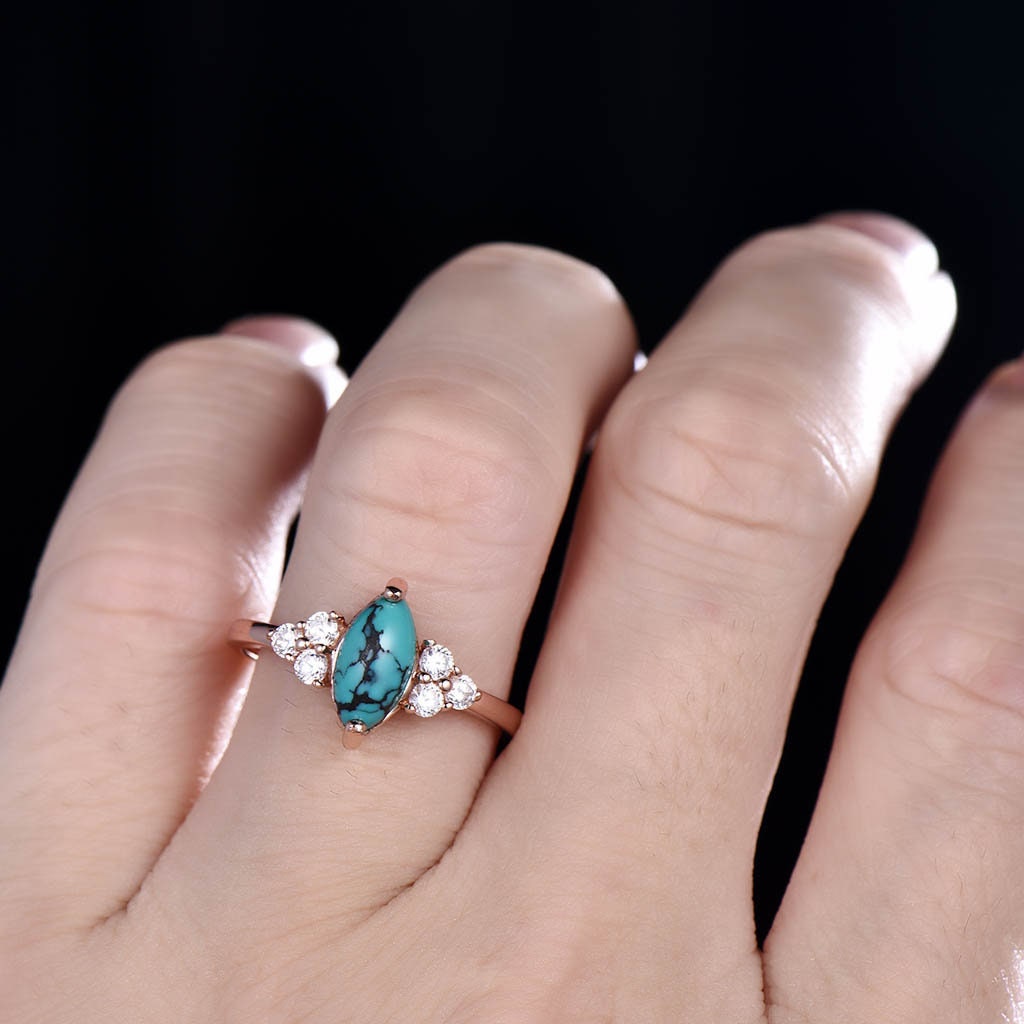 Turquoise Ring, Marquise Cut Turquoise Engagement Ring, Rose Gold Turquosie Ring, Wedding Ring, December Birthstone, Promise Ring