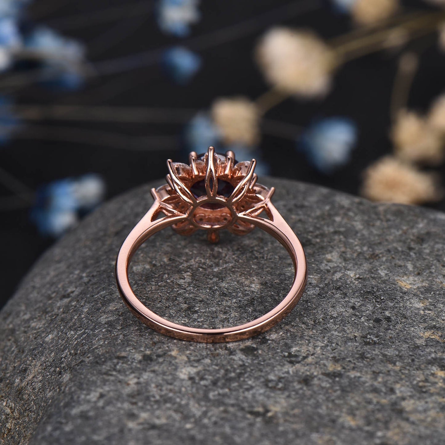 Alexandrite Engagement Ring Rose Gold Ring Diamond/ Moissanite Halo Promise Bridal Jewelry Antique Flower Style Plain Gold Band Gift For Her