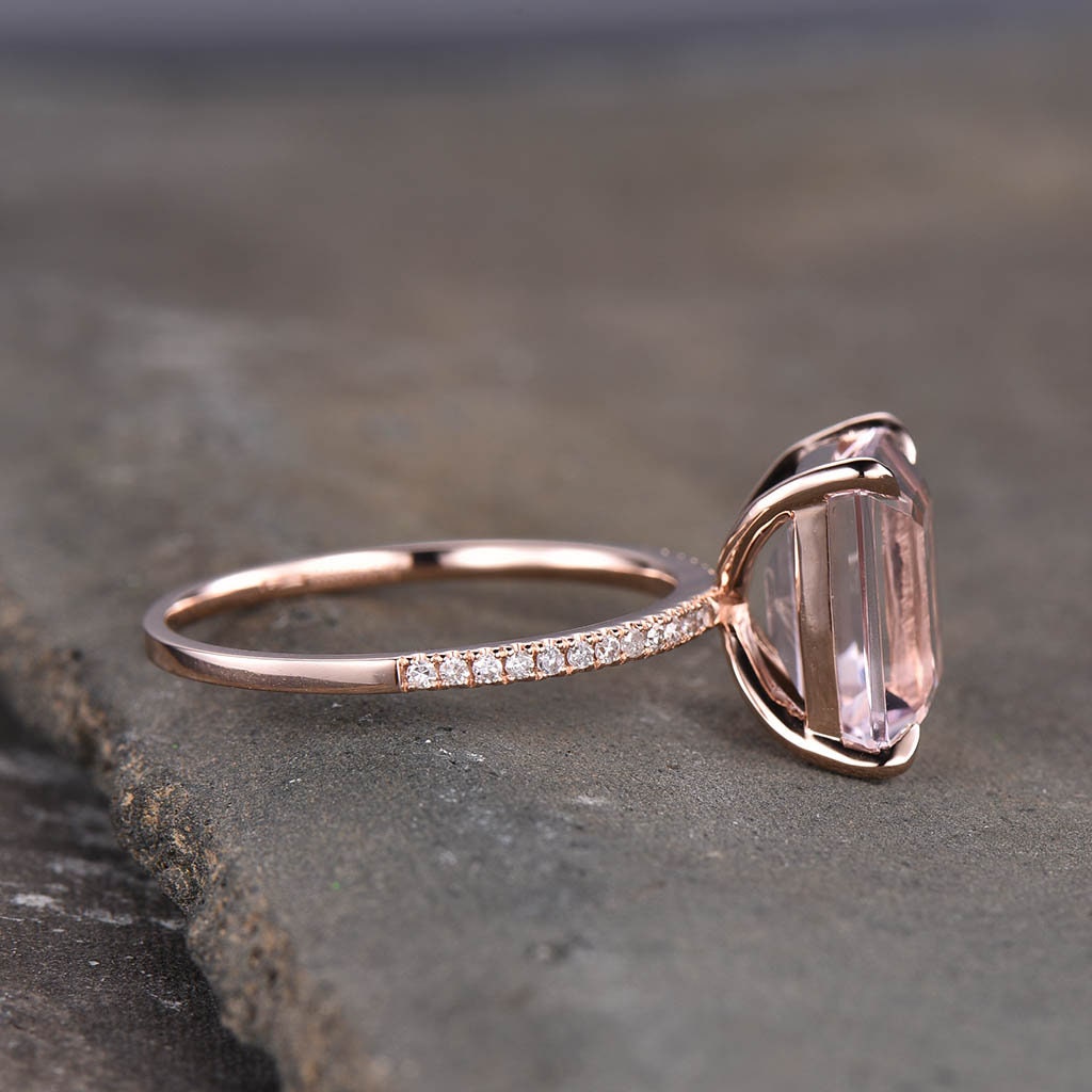 Rose Gold Morganite Ring, Emerald Cut Solitaire Morganite Engagement Ring, Wedding Ring, Statement Ring, Peach Morganite, Promise Ring
