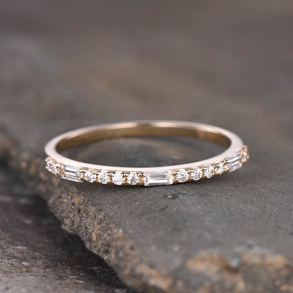 Dainty CZ Cubic Zirconia Minimalist Band Yellow Gold 1.5mm Pave Band Half Eternity Band Stacking Ring Bridal Wedding Band Silver Ring